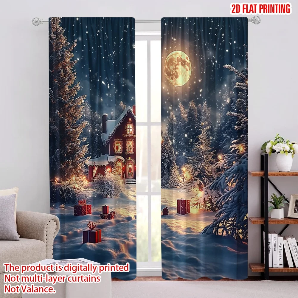 

2pcs 2D flat printing Merry Christmas Scene Curtains Modern Christmas Scenes Polyester Fabric Without Electricity Festive