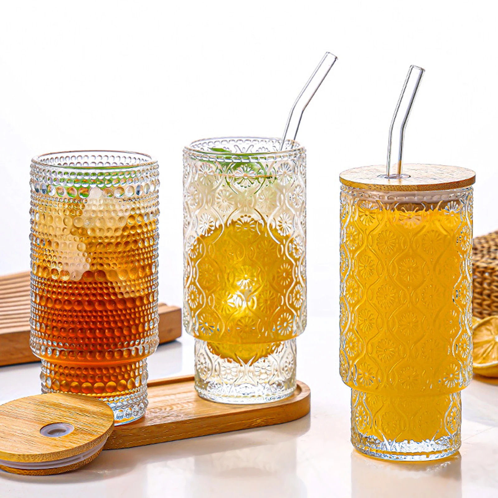 4 Pcs 11 oz Glasses Cups Set with Bamboo Lids Straws Brush Hobnail Glassware Set for Juice Iced Coffee Beer and Whiskey