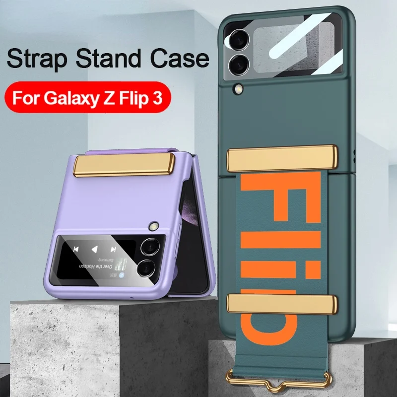 

Z Flip 3 with Strap Len Camera Glass Protection Case for SamsungGalaxy Z Flip3 5G Case Wristband Plastic PC Back Ultrathin Cover