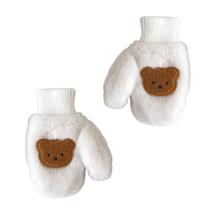 Luvas bebê anti-derrapantes luvas quentes inverno urso desenho animado luva grossa com corda QX2D