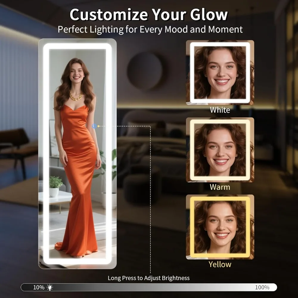 Espelho de comprimento total iluminado por LED com escurecimento e 3 opções de cores, espelho grande de 68x26 polegadas para quarto e vestiário