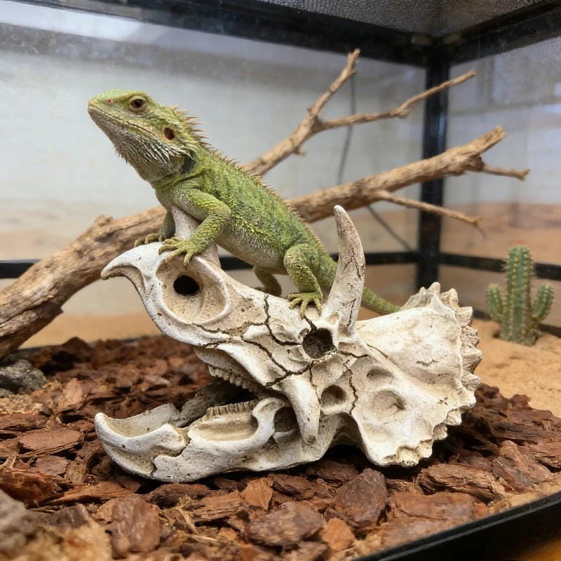 Reptile Resin Simulation Skull Hideout, Triceratops Dinosaur Fossil Terrarium Decor, Basking Platform Cave for Lizards Geckos