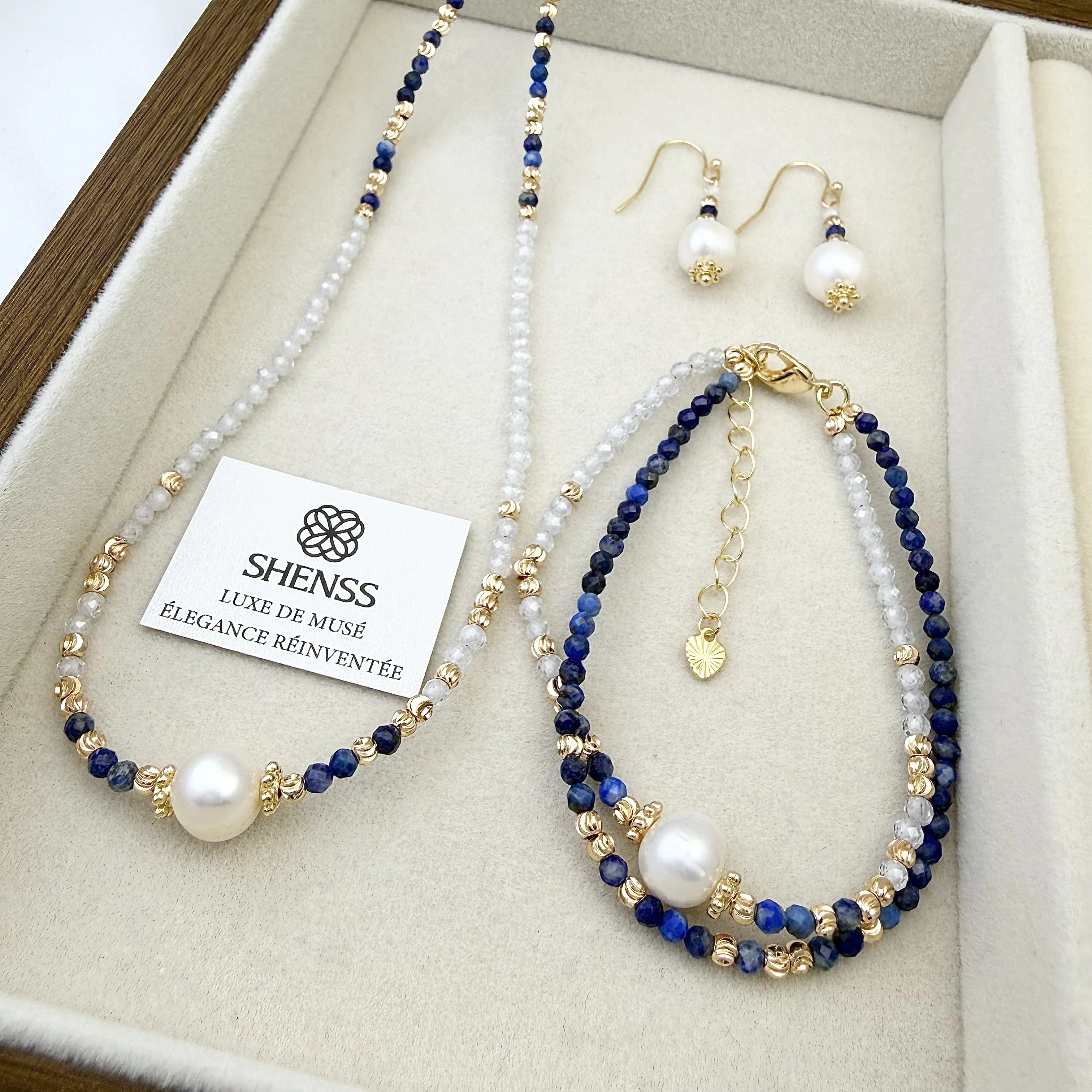 Lapis Lazuli & Zircon Pearl Jewelry Set Luxury Blue-White Contrast Necklace Bracelet Earrings Elegant Versatile Gift for Her view 2