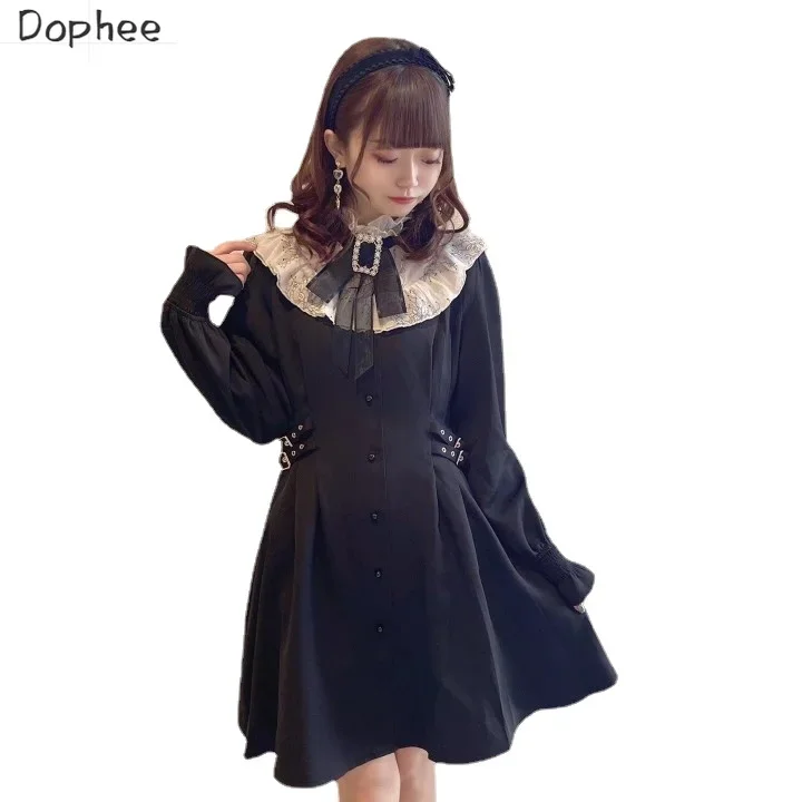 

Dophee Japan Styles Landmine Series Black Dresses Beads Bow Ruffles Collar Elegant Single-breasted Long Sleeve Short Shirt Dress