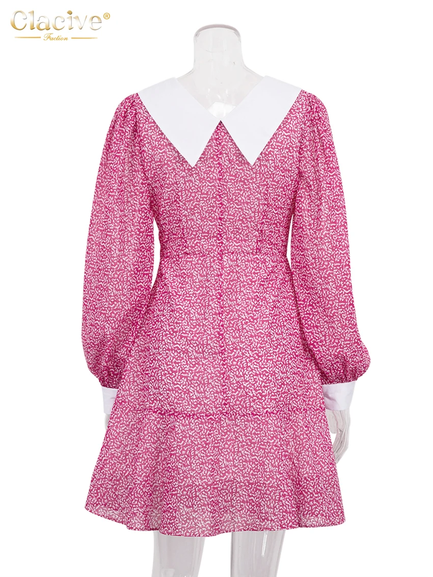 Clacive เสื้อผ้ากุลสตรีเดรสสั้นสำหรับใส่ในสำนักงาน, ชุดสุภาพสตรีเข้ารูปพิมพ์ลายเข้ารูปแขนยาวคอปกแบบคลาสสิก