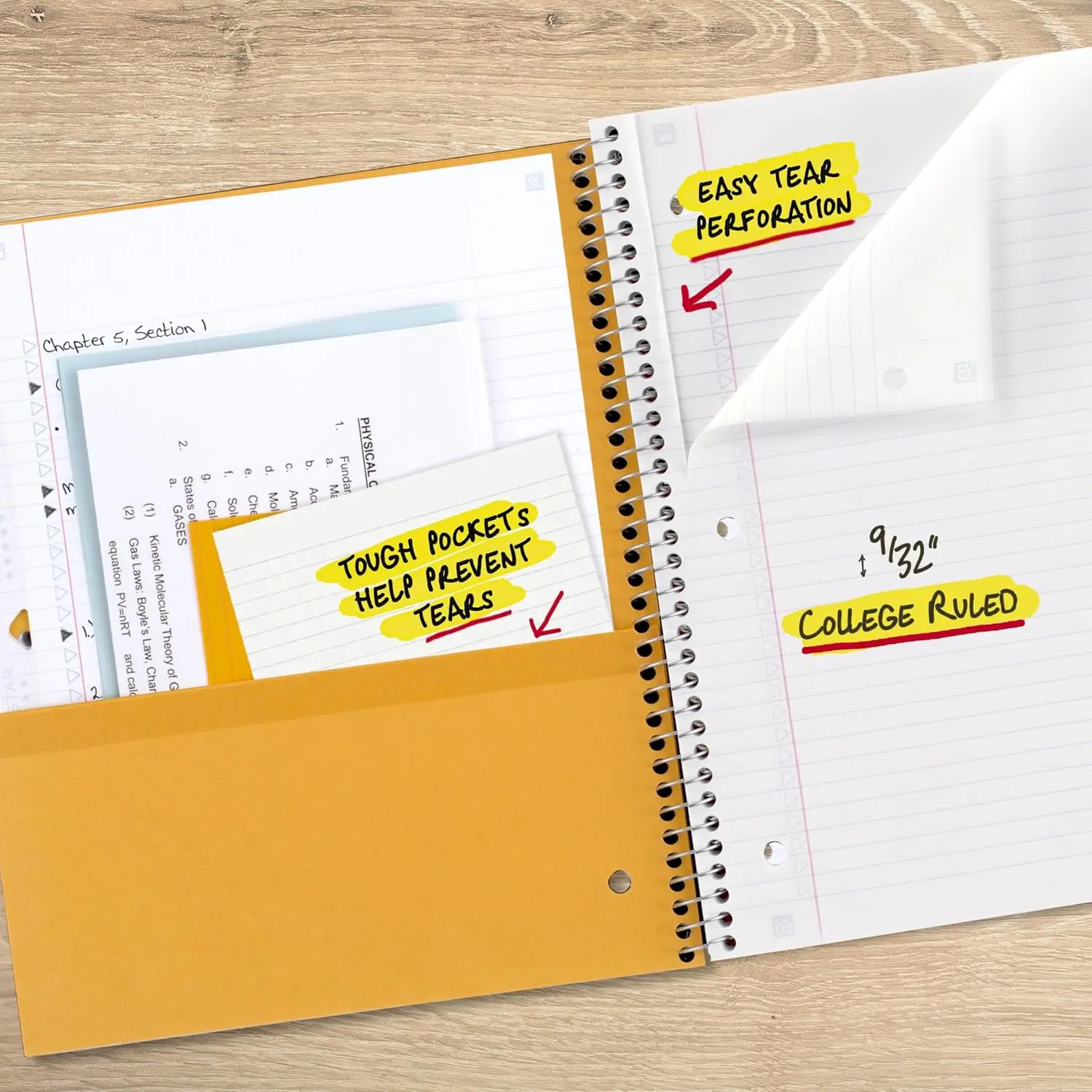 3 Subject Spiral Notebook 8.5x11, College Ruled, 150 Sheets, Water Resistant Cover, Fights Ink Bleed, Black + Study App view 5