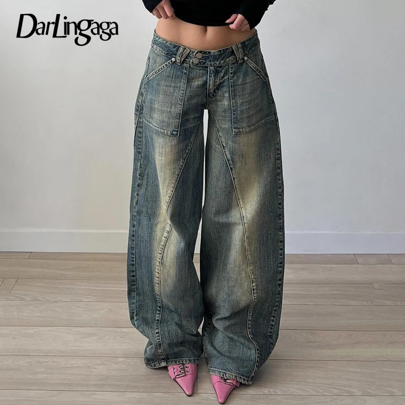 Darlingaga Streetwear Vintage Straight Leg Women Jeans Pants Stitching 90s Aesthetic Washed Fairycore Harajuku Denim Trousers