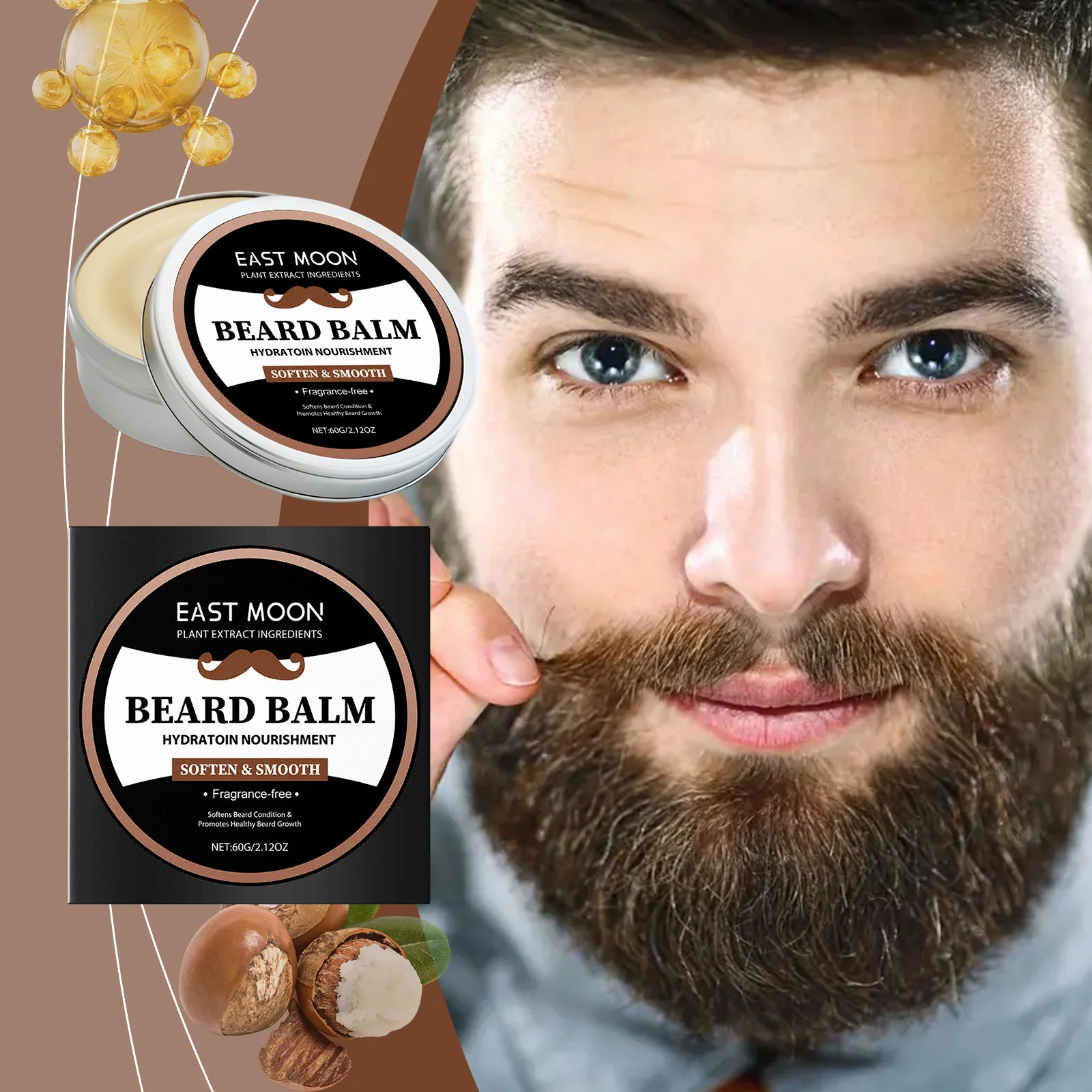 East Moon-aceite para el cuidado de la barba para hombre, aceite de coco, hidratante, suave, nutritivo, bigote, estilismo Natural, bálsamo para el crecimiento de la barba