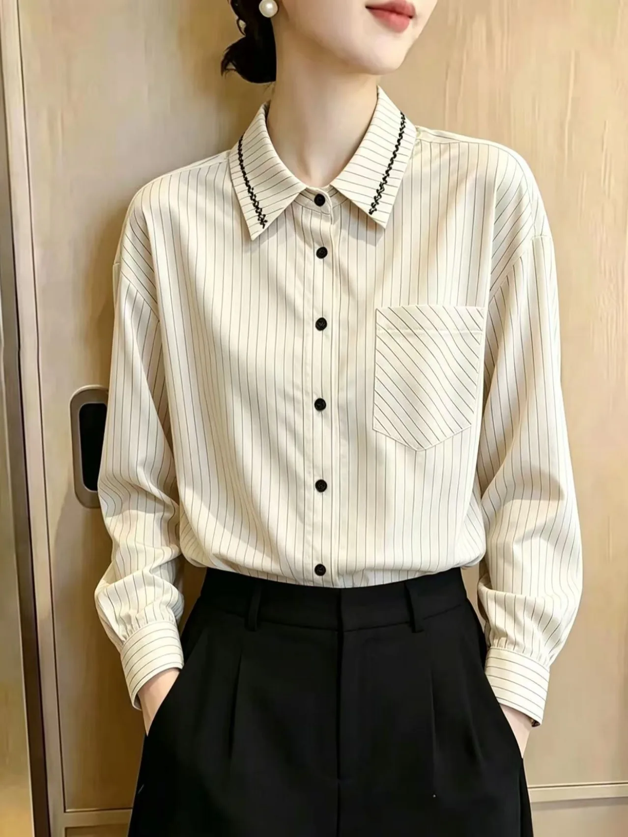 Women's Loose Long Sleeve Shirt with Collar Pocket Striped Flip Collar Autumn New Style Commute Personality Fashionable Top