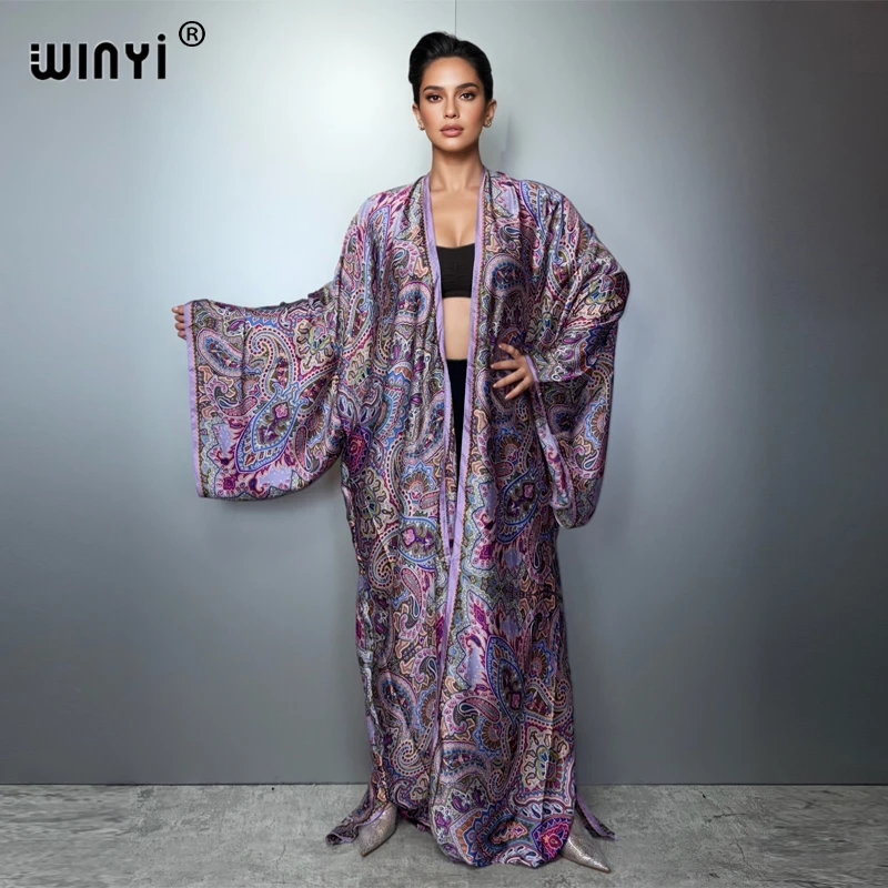 WINYI Women's Classic Pattern Print Kimono Long Bohemian Cardigan Cover-Up Stitch Casual Maxi Beach Kimono for Holiday Party