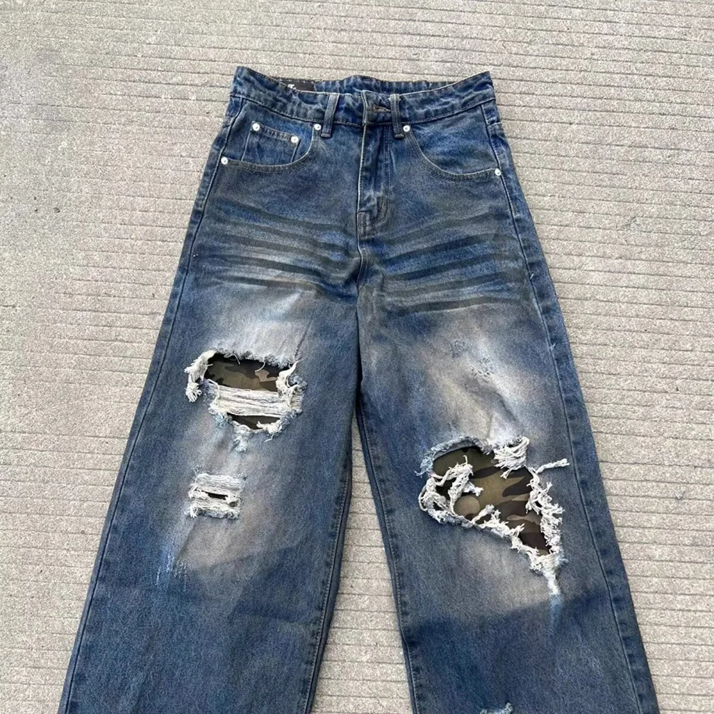 Zomer nieuwe heren contrasterende kleur baggy jeans wijde pijpen broek Amerikaanse vintage modetrend straat hiphop niche herenbroeken