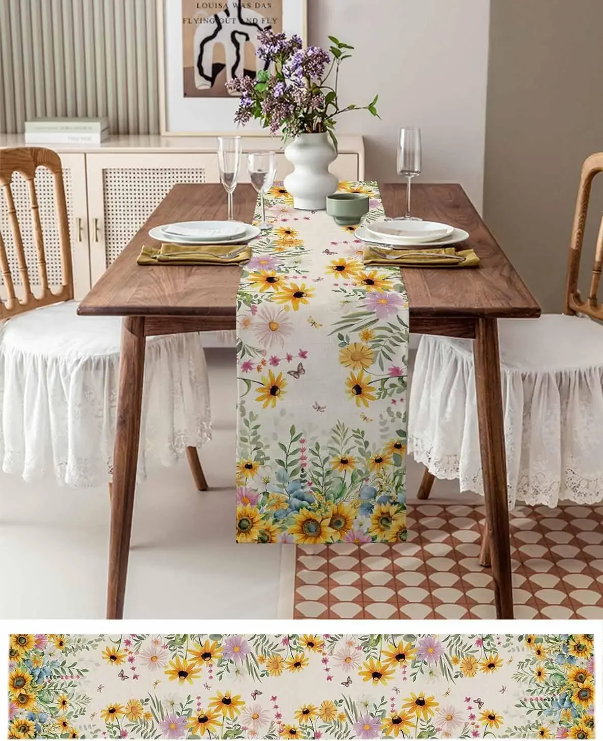 1Pc Floral Sunflower Table Runner White Yellow Pink Butterfly Print Table Cover For Dining Kitchen Party Decoration Tabletop Dec
