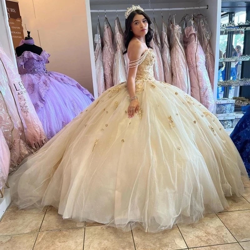 

ANGELSBRIDEP Champagne Quinceanera Dresses 15 Party Appliques Beaded Long Elegant Birthday Princess Sweet 16 Dress Ball Gowns