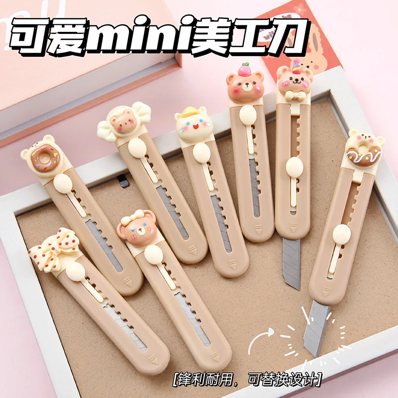 Cuchillo utilitario de dibujos animados para estudiantes, cortador de caja de moda lindo, Pequeño, portátil, Kawaii, Color café Beige, abrecartas de oficina, 1 pieza