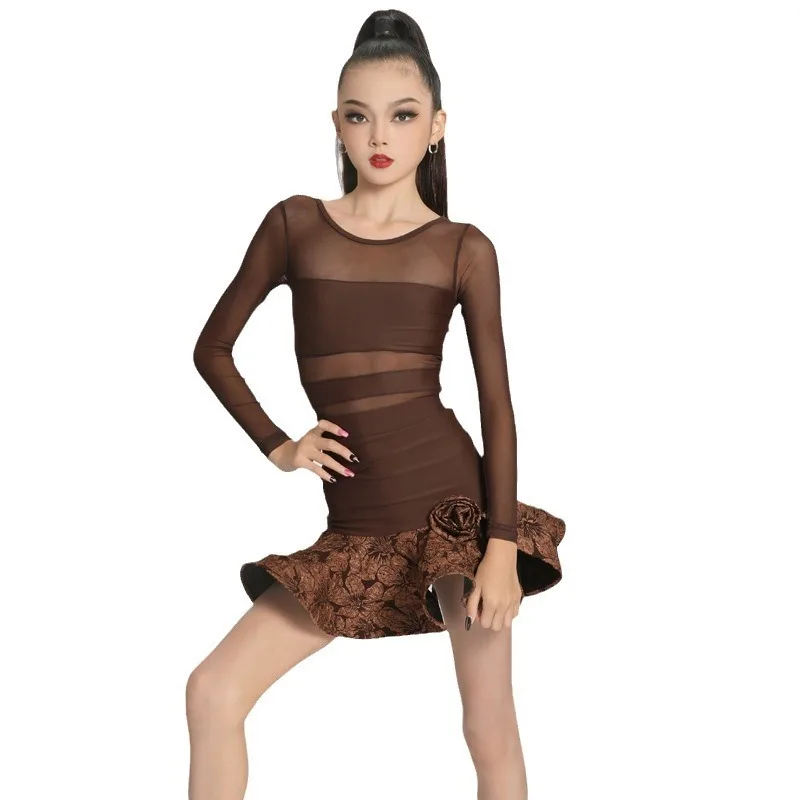 

customized Latin dance suit girls' practice dress performance wear Long sleeved coffee colored mesh patchwork printed skirt set