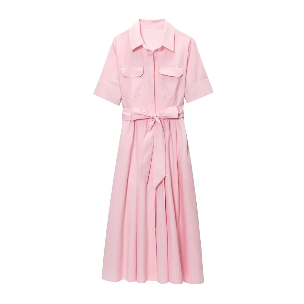 PB & ZA2025Double Pocket Lapel แขนสั้นเสื้อเรียบง่าย LACE-up Design สีทึบกระโปรงยาวฤดูร้อนผู้หญิงเสื้อผ้า