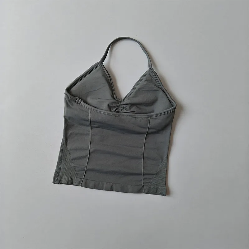 Langes, trägerloses, nahtloses Yoga-Tanktop mit gerafftem Rücken, ärmelloses Fitness-Workout-Shirt mit integriertem BH für Damen – Detail 17