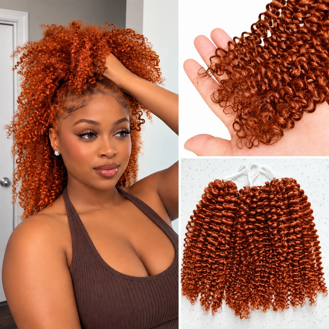 Afro Curly Crochet Human Hair Extensions Ginger Copper Color Pre Separated Knotless Boho Braids Lightweight Curl Hair For Women