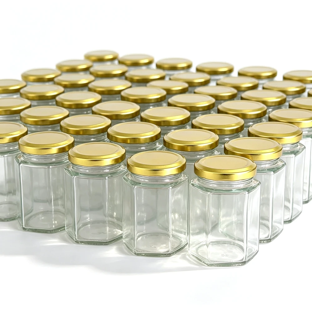 100Pcs Hexagon Glass Honey Jars 180ml(6oz) /280ml(10oz) with Gold Lids Food Grade Hex Jar for Honey Jam Preserve Beekeeping Pack