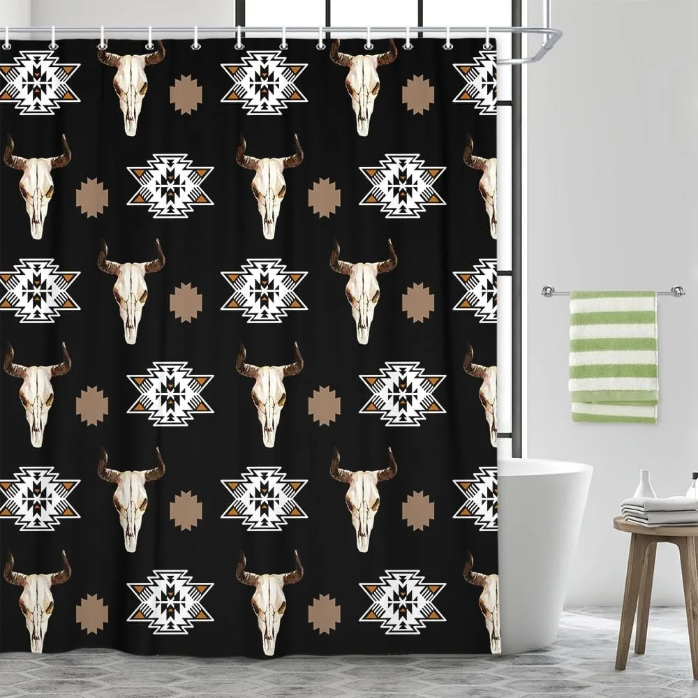 

Western Boho Shower Curtain Native Aztec Tribal Bull Skull Southwestern Cow Bohemian Geometric Pattern Black Bathroom Decor