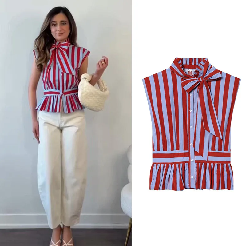 2026 New Summer Bowknot Sleeveless Striped Shirt Casual Fashion High Street Women’s Shirt