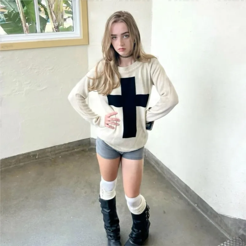 High Street Y2k Damen Pullover Punk Goth Cross Knit Übergroßer Vintage Langarm Pullover Pullover Streetwear Fashion Kleidung