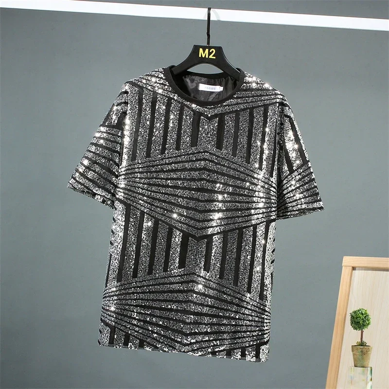 Sequins Stage High-End T Shirt For Men Half Sleeve Tassels Hip Hop Summer Quality Oversized Loose Fit Casual Camisetas De Hombre