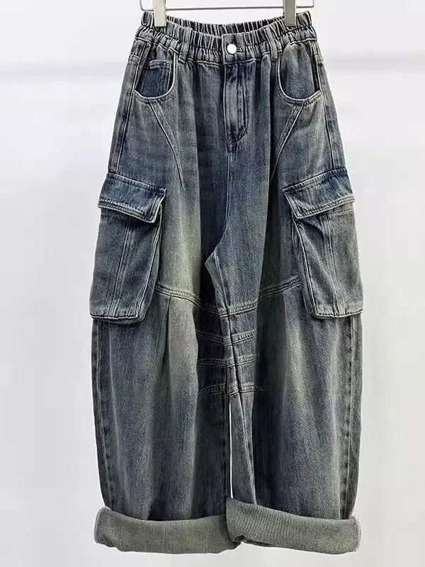 

Джинсы женские с высокой талией, широкие штанины, свободный крой, в стиле ретро, рабочая одежда, джинсовые длинные брюки, повседневная одежда, полиэстер