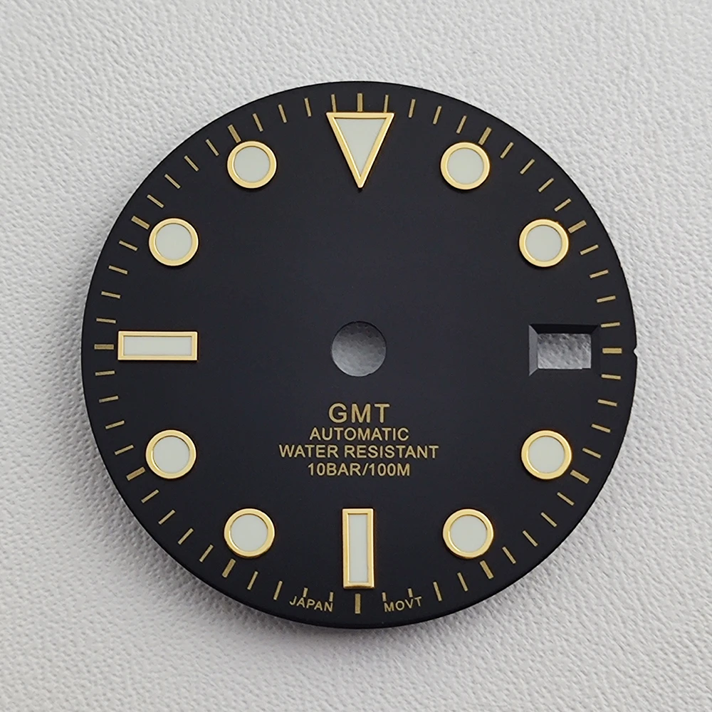 28,5 мм циферблат NH34 стрелки GMT четыре стрелки зеленый светящийся циферблат для часов NH34 модифицированный механизм запасные части для часов