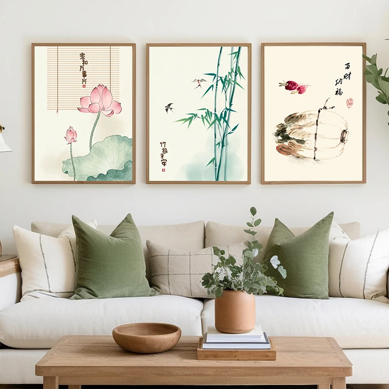 Vintage Chinese Style WaterColor Plum Blossom Wheat Posters Prints Canvas Printing Wall Art Picture for Living Room Home Decor