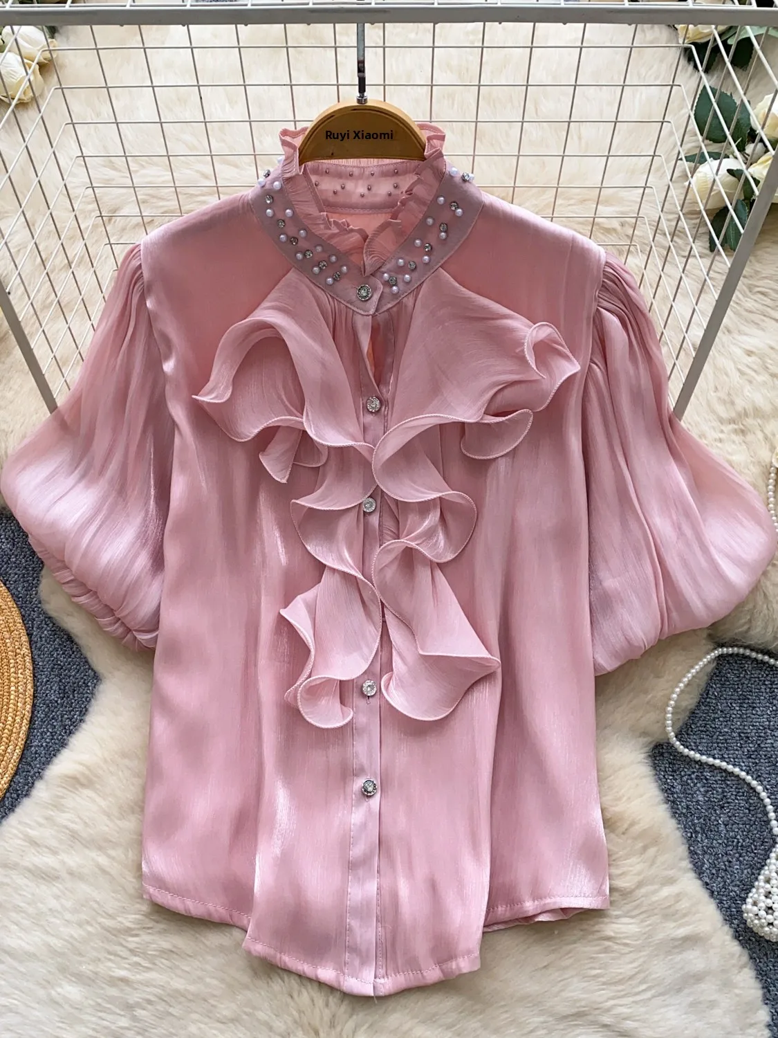 

Summer Commute Style Loose Women's Short Sleeve Shirt with Lace Design Breathable Polyester Fiber Korean Fashion Top