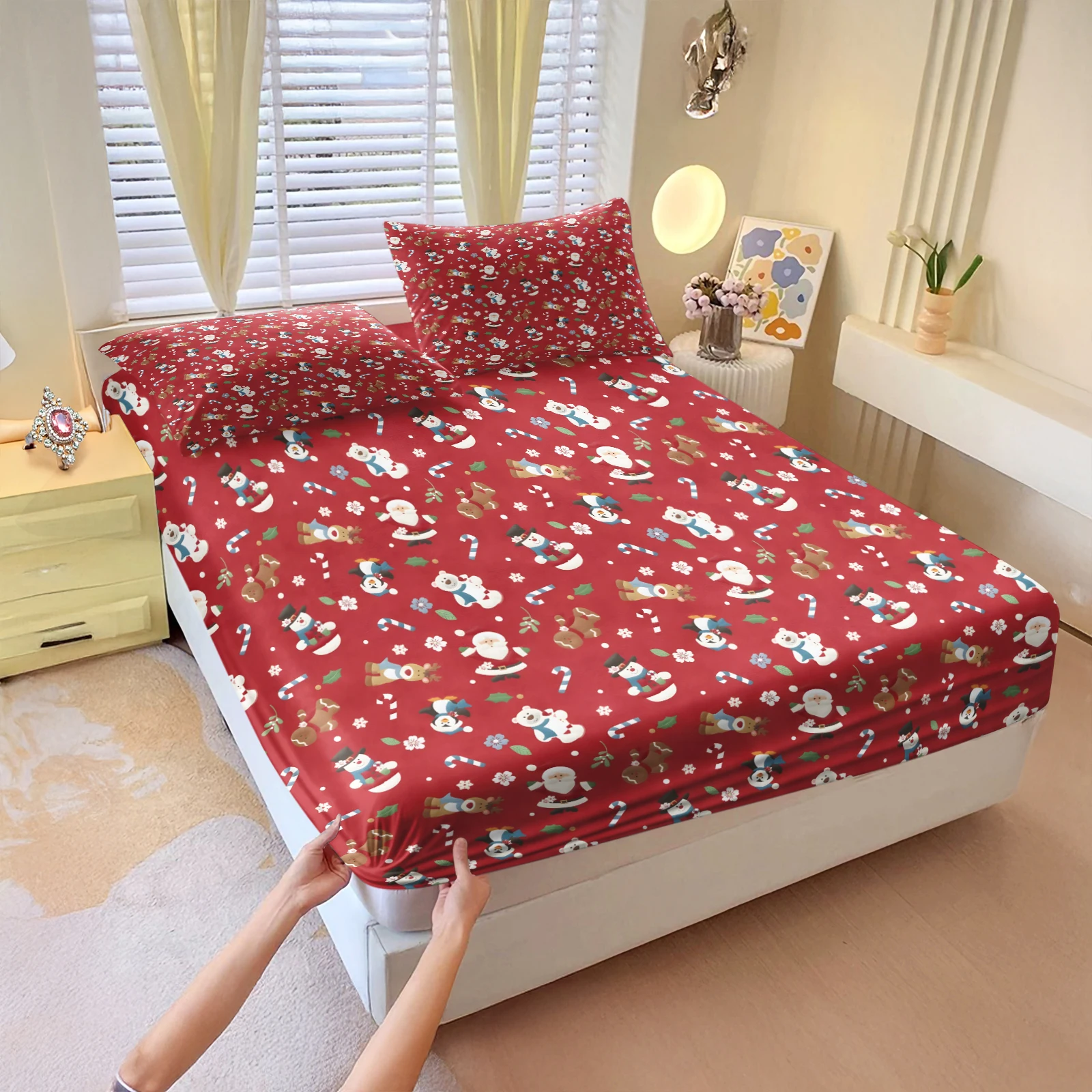 Red Christmas Cartoon Animal Fitted Sheet Set Santa Penguin Reindeer Bear Print Mattress Cover With Pillowcase Winter Holiday