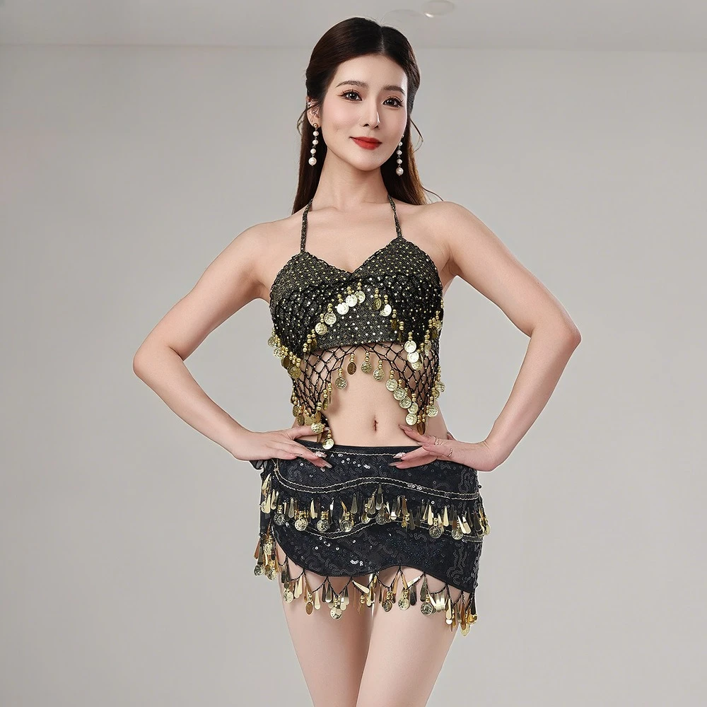 女性ダンス衣装-ホルターネックメッシュトップ-ゴールドタッセルスパンコールミニスカート-プロのベリーダンスパフォーマンス衣装