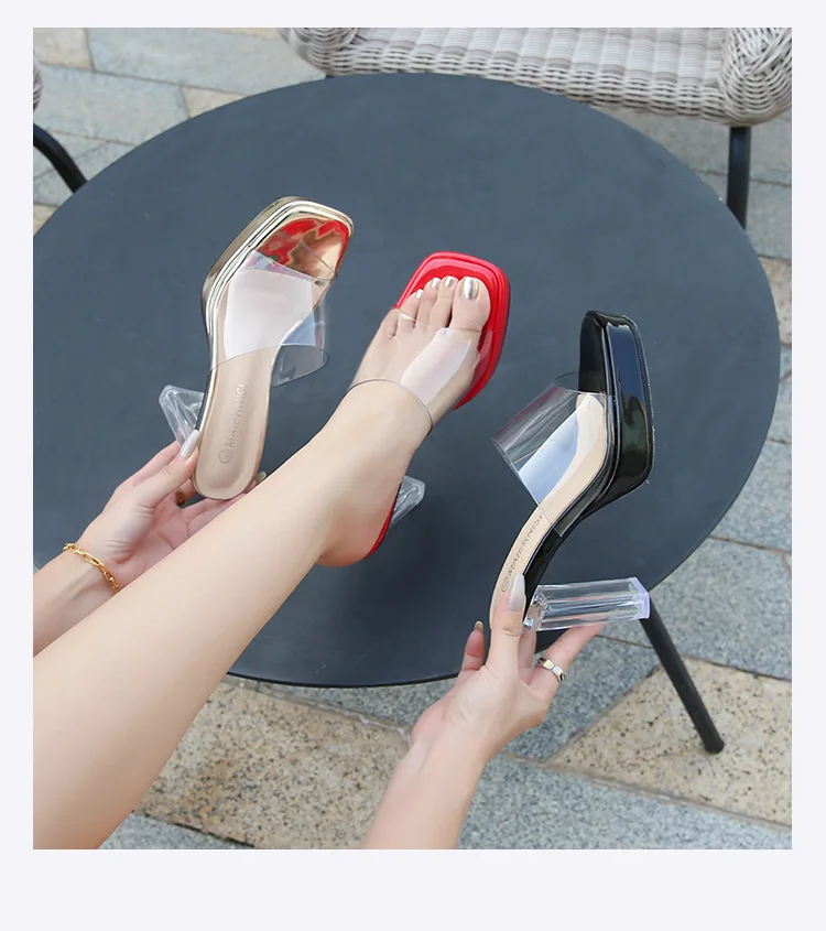 

womens 9cm heels slippers sandals Large size thick with Crystal Transparent Peep Toes Waterproof platform high heels sandals
