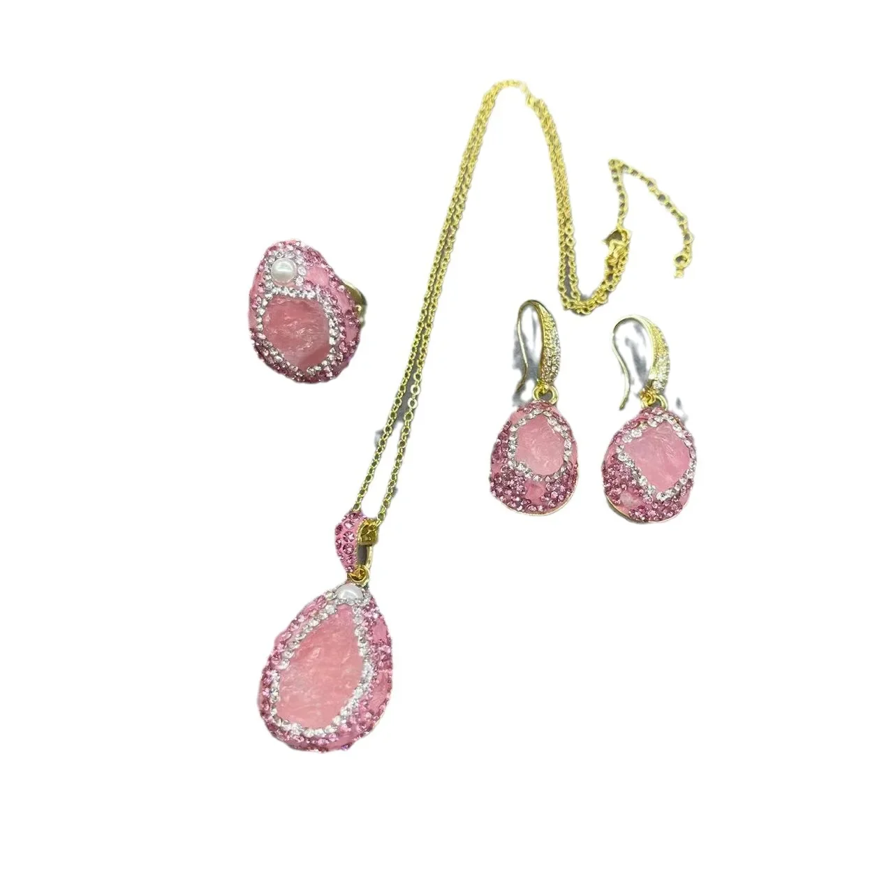 New natural powder crystal rough stone jewelry set French fashion inlaid rhinestone three-piece set jewelry wholesa
