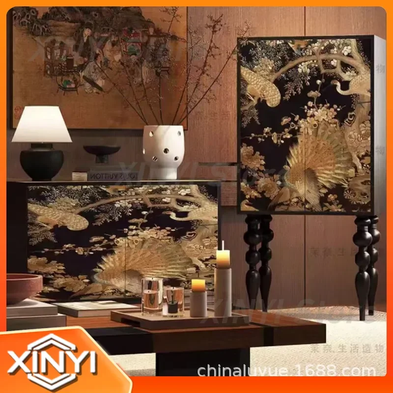 French Chinese Style Solid Wood Tall Cabinet for Peacock Porch Dining Side Living Room Multi Functional Decorative Storage