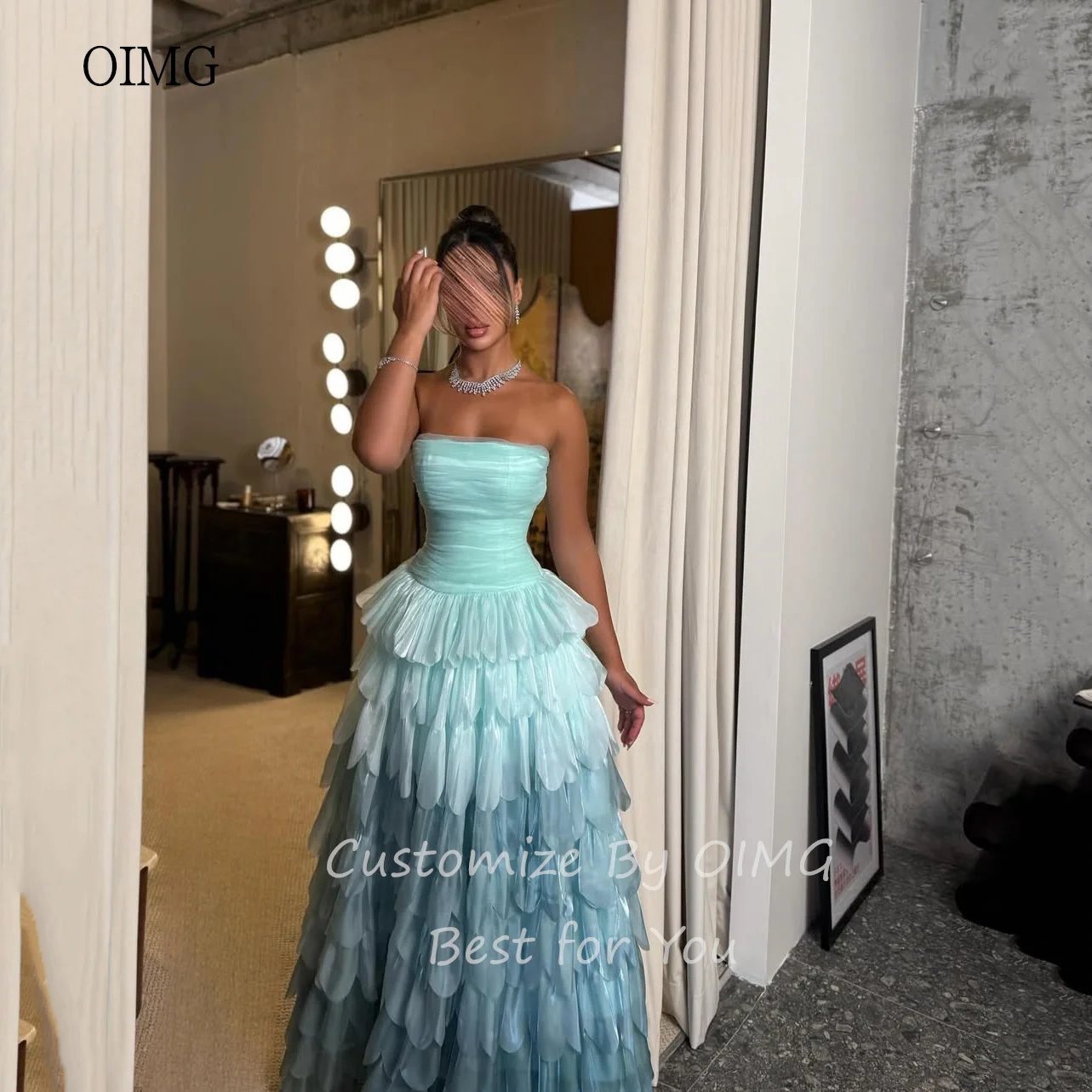 فستان سهرة من OIMG متدرج اللون على شكل حرف A فساتين حفلات بدون حمالات بطول الأرض فستان سهرة من vestidos de festa مخصص