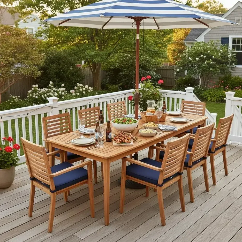 79 x 35 Acacia Wood Outdoor Dining Table with Umbrella Hole, Suitable for Patio, Garden, Poolside, and Backyard, Natural Finish