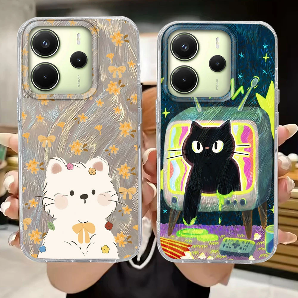 Für Xiaomi Redmi Hinweis 14 13 12 15 11 10 11S 10S 8 9 Pro 14C 13C 15C 9A A5 9C A3 A1 Cartoon Schwarz TV Katze Telefon Fall Mädchen Abdeckung