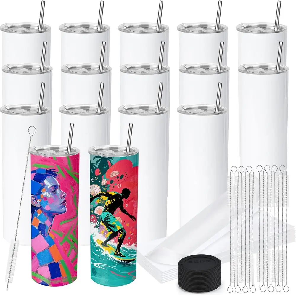 

20 oz Skinny Straight Edge Sublimation Tumblers with Lids - Blank for Custom Designs