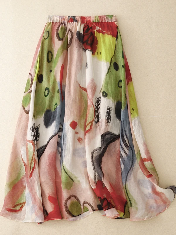 Jupe mi-longue trapèze surdimensionnée pour femmes, été, coton et lin imprimé, peinture fiti, jupe longue transparente, longueur f, parapluie...