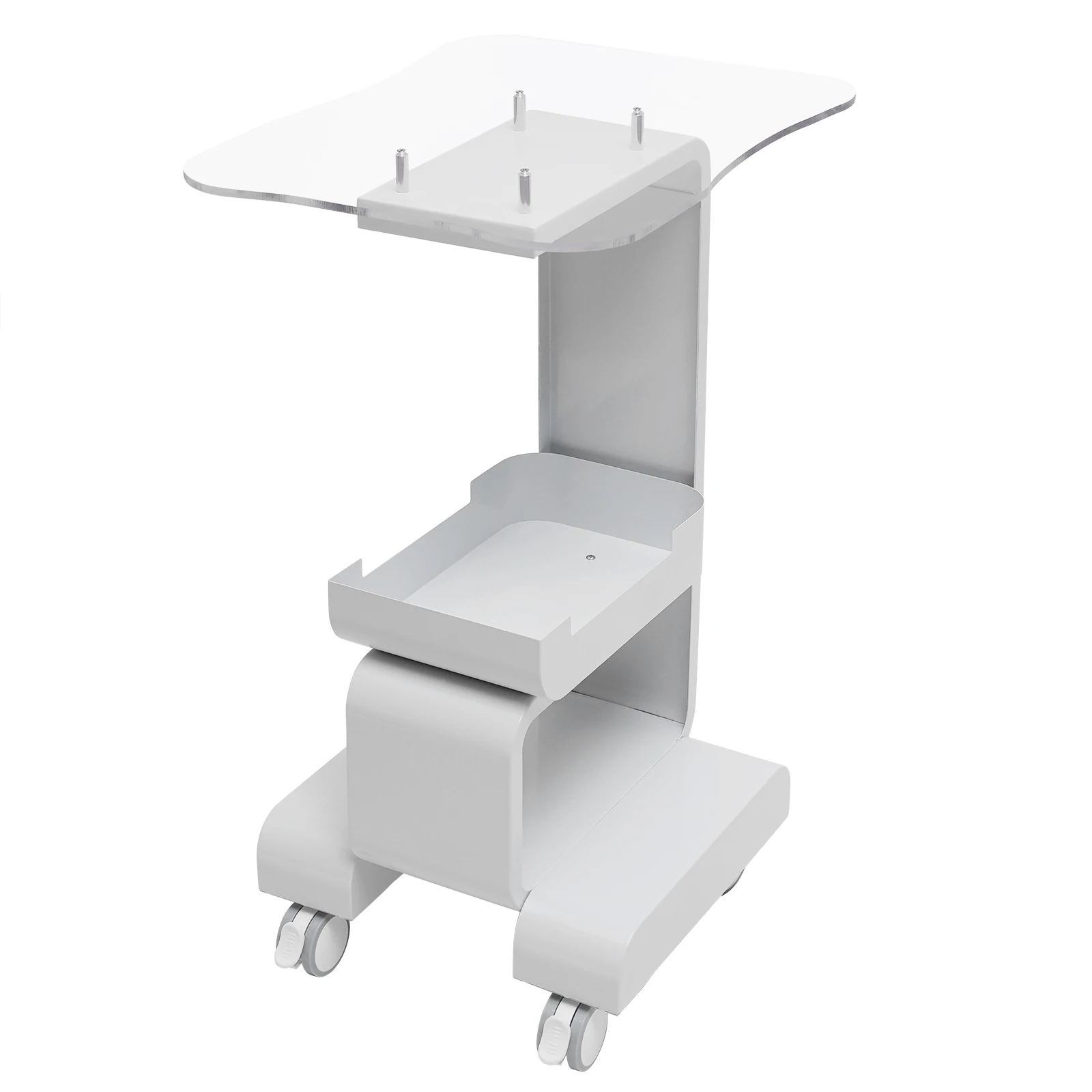 Table d\'équipement mobile avec panneau de verre, panier de rangement blanc, chariot de salon de beauté, chariot de positionnement, cosmétique