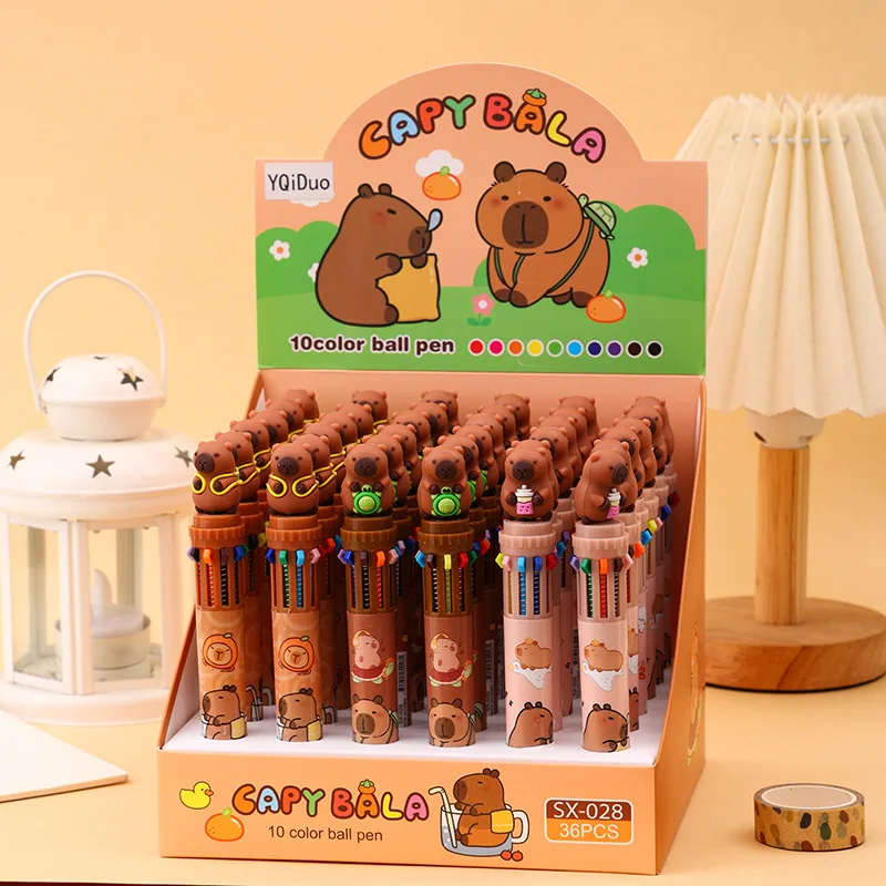 

36 шт. в коробке, новая милая десятицветная шариковая ручка Kapibara, высококачественная ручка с героями мультфильмов, цветной маркер, канцелярские принадлежности 0,7 мм