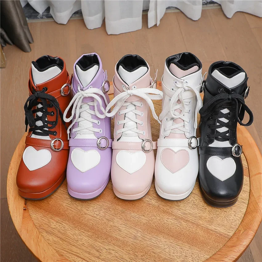 Winter Lolita Ankle Boots Women Pink White High Block Heels Party Lady Round Toe Sweet Princess Lace Buckle Short Platform Boots view 5