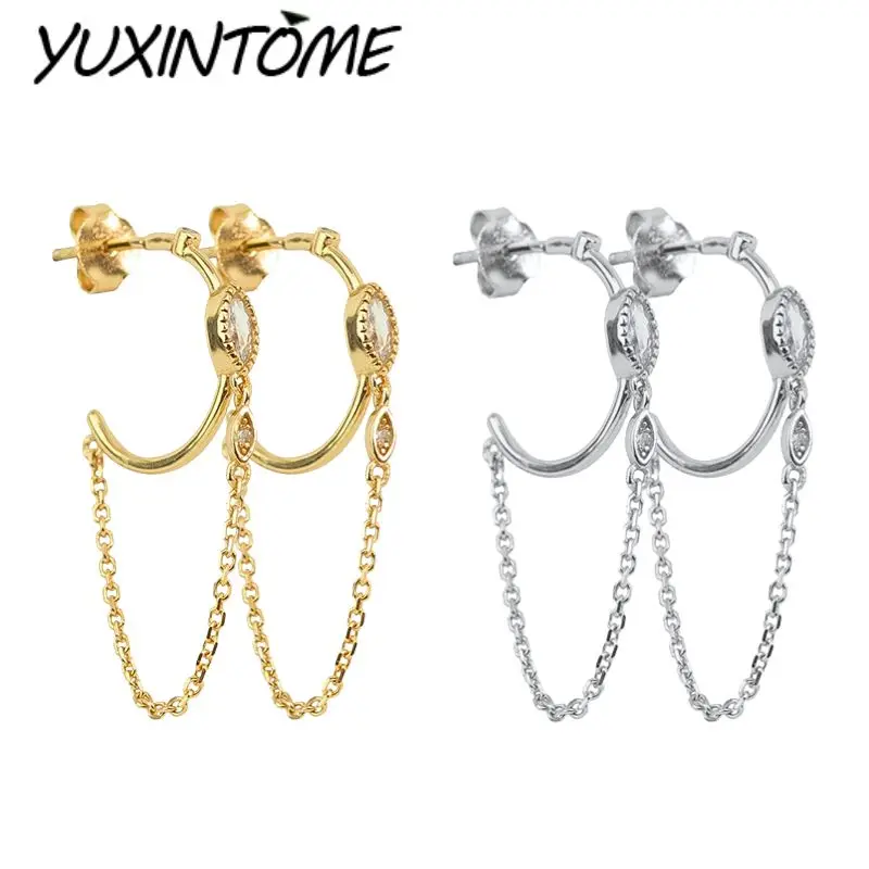 

925 Sterling Silver Needle Advanced Geometric Design C-shaped Chain Diamond Zircon Stud Earrings Pendant Jewelry Earrings Gifts