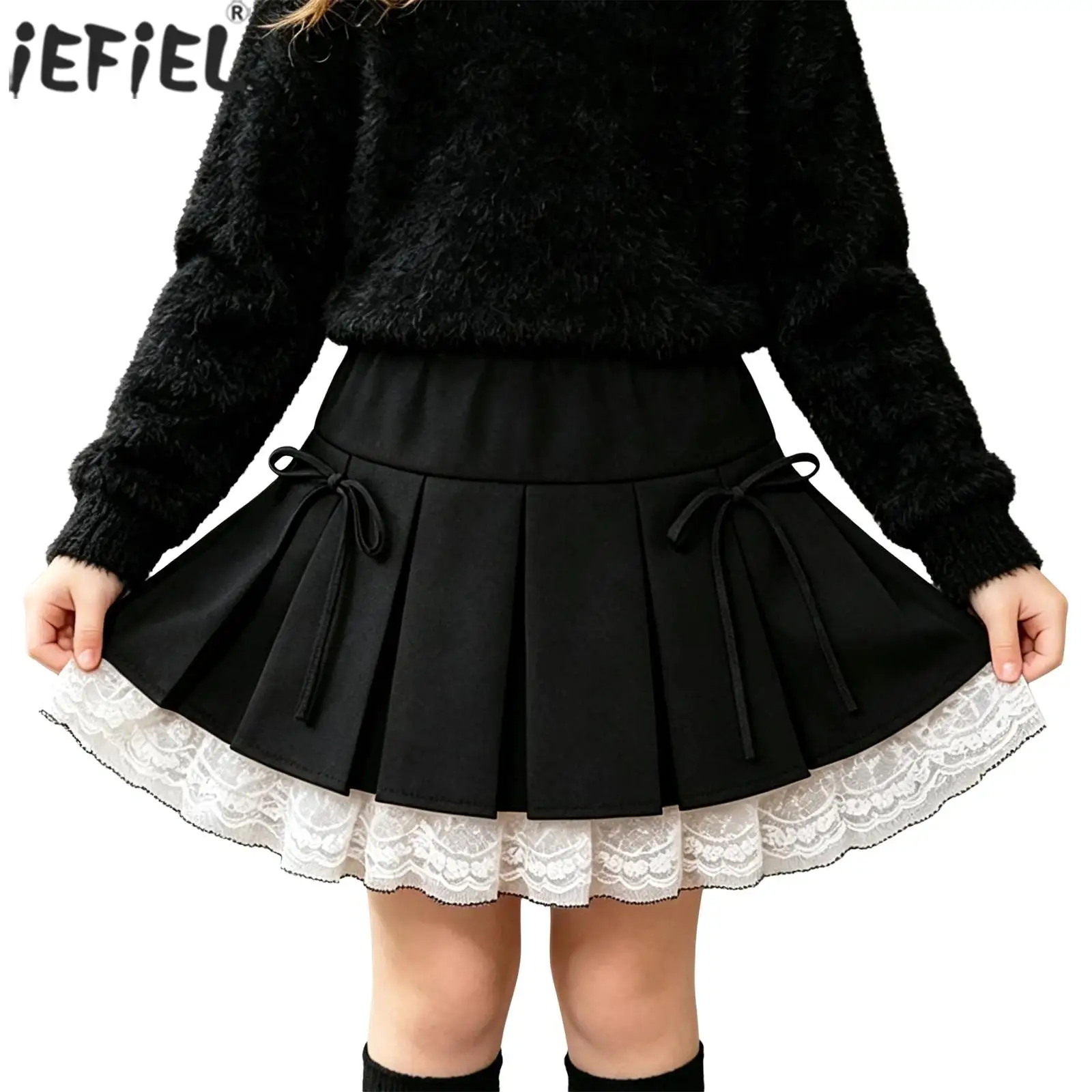 Kids Girls Pleated Skirt Elastic Waistband Lace Trim Bowknot Layered Ruffled Short Skirts School Daily Wear Children Clothes