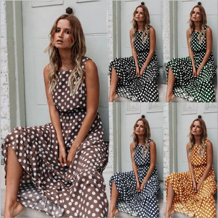 

2025 Spring and Summer Fashion Versatile Printed Polka Dot Round Neck Long Dress Women's Dress