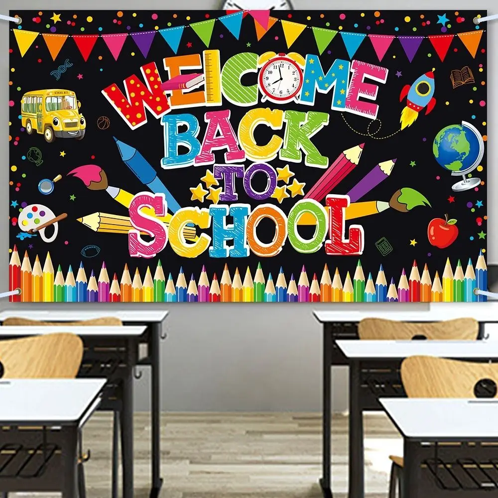 Bannière de retour à l'école pliante de dessin animé, toile de fond de bienvenue festive, décorations de confrontation scolaire, décor de fête d'anniversaire pour enfants