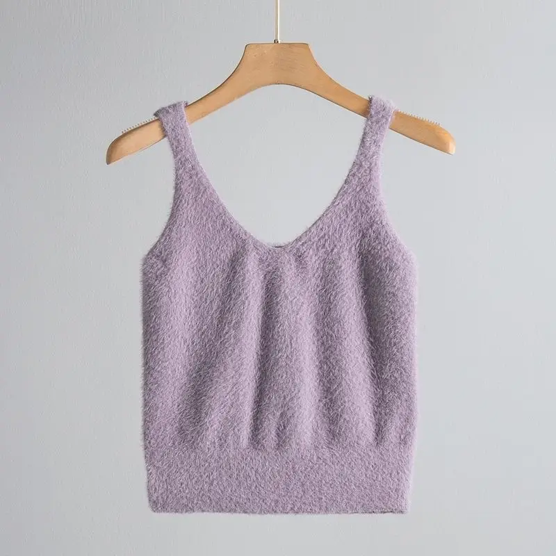 Women Imitation Mink Fur Knitting Vest Fuzzy Solid Sleeveless Soft Warmth Layering Vest Pullovers Autumn Winter Homewear Tops