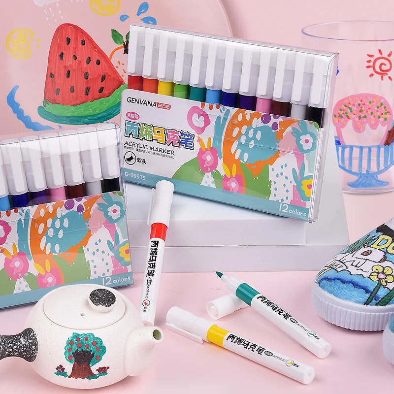 

Soft Tip Acrylic Paint Markers 12 Colors - Fabric & Shoe Decor Pens, Flexible Nib for Thin/Thick Lines, Waterproof on Cloth/Wood